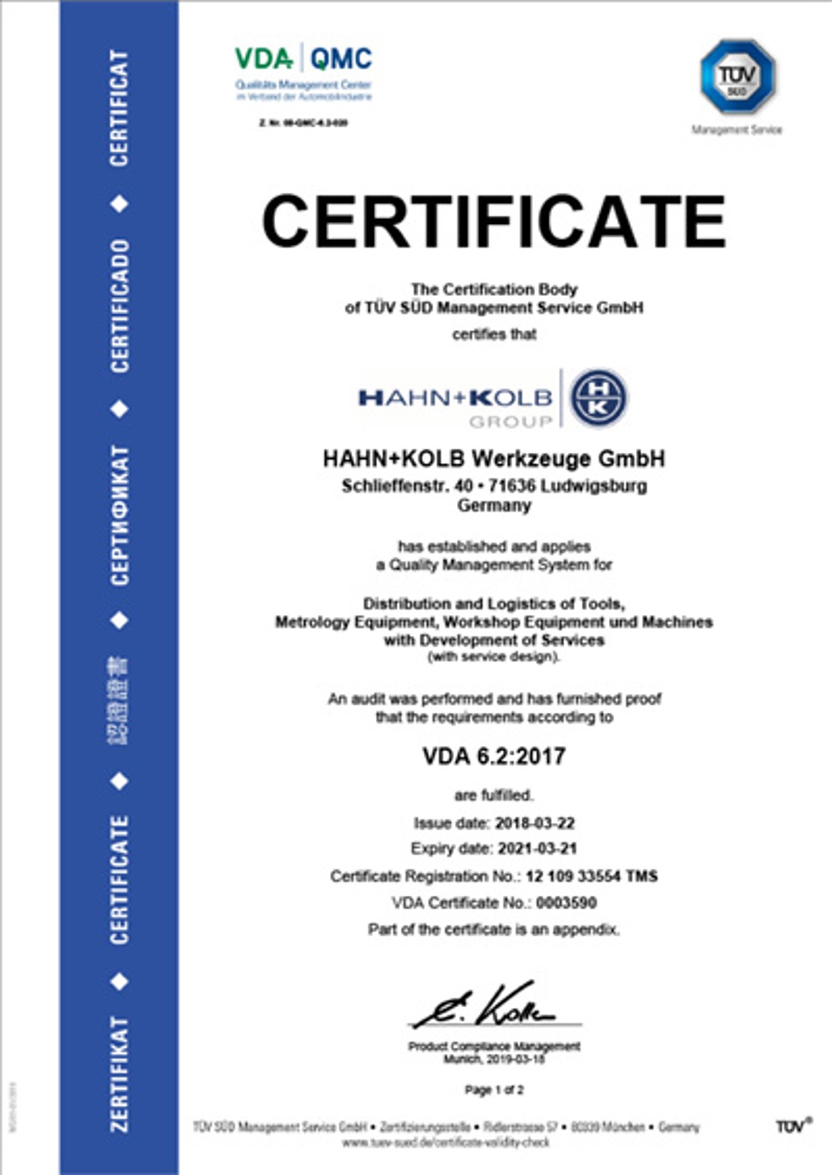 Le certificat VDA 6.2 de HAHN+KOLB.